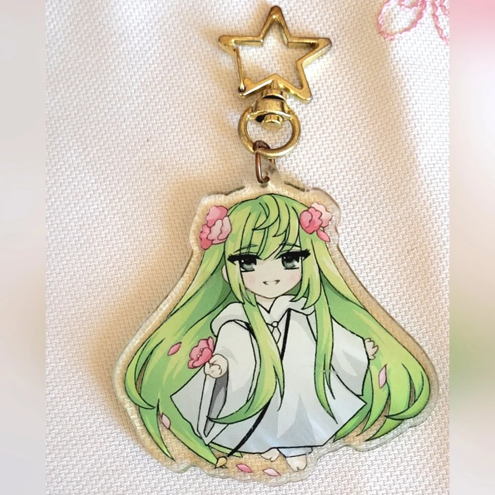 Green Anime Glittered Doubled Sided Holo Keychain with Star Clip